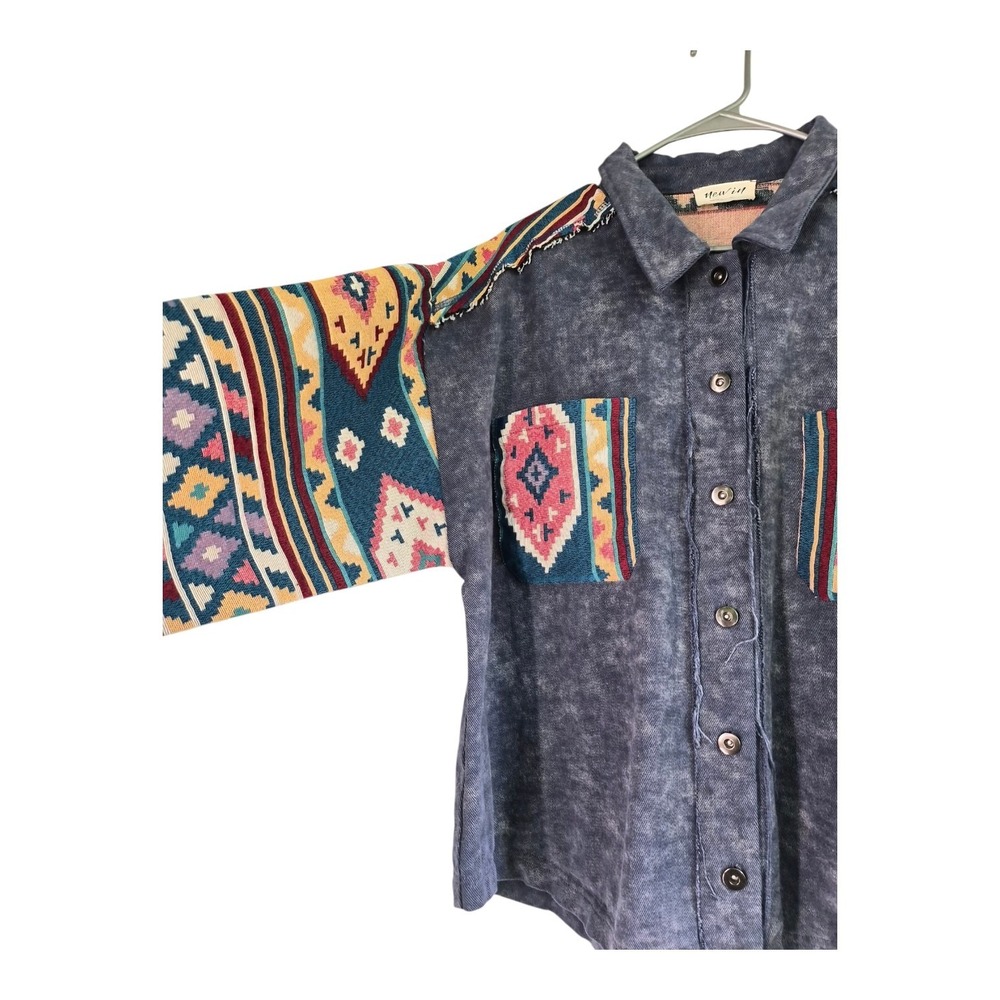 New In 1X Aztec Shacket Southwestern Boho Western Oversized Shirt Jacket Blue - Picture 4 of 7
